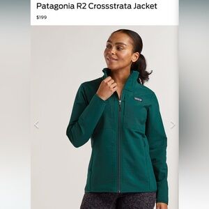 Patagonia Women's Teal Jade fitted zipper fleece Jacket, side and arm pockets.